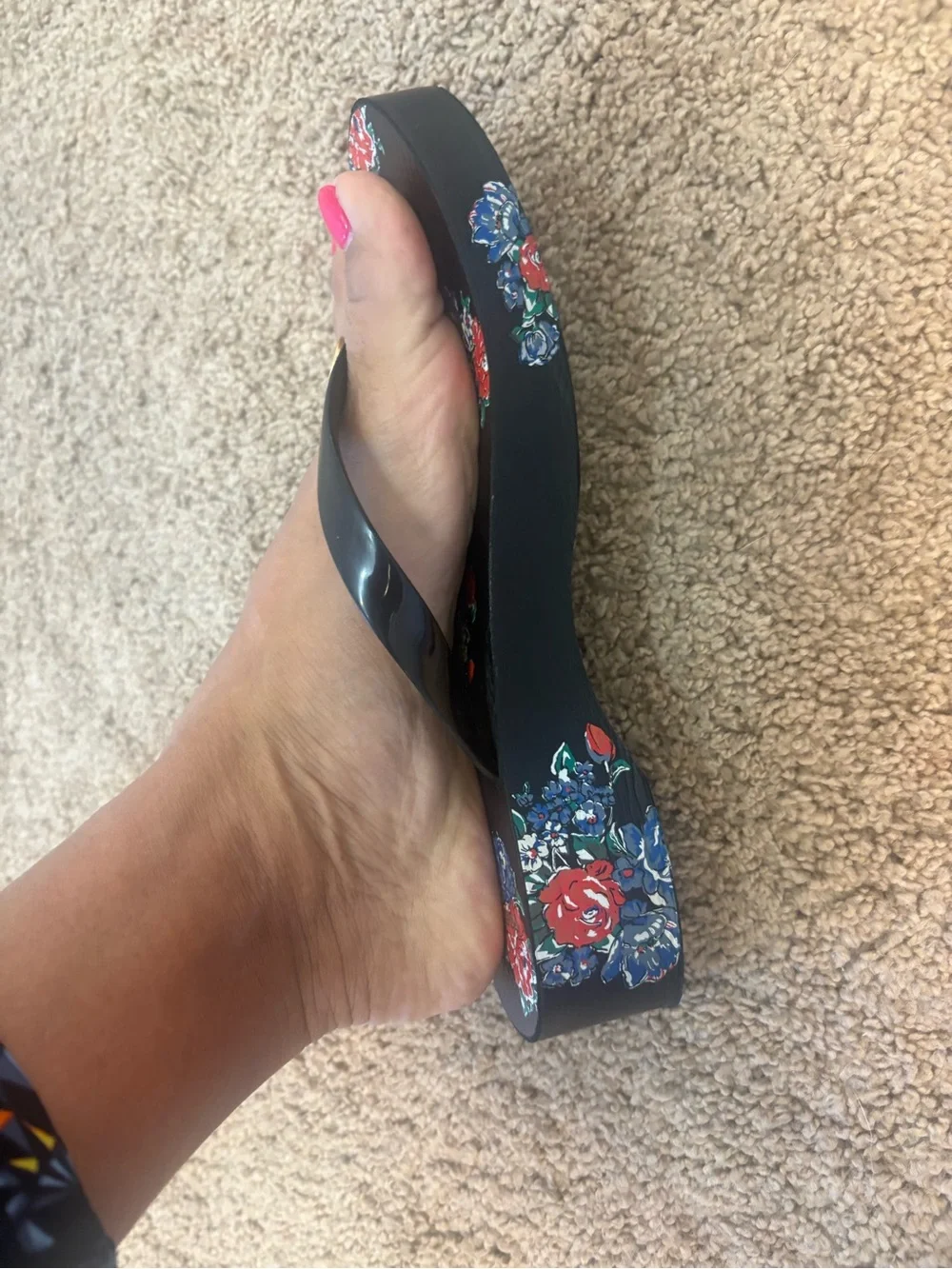 Tory Burch Black Flip Flops with Red, Blue & Green Floral Pattern - Picture 4 of 5